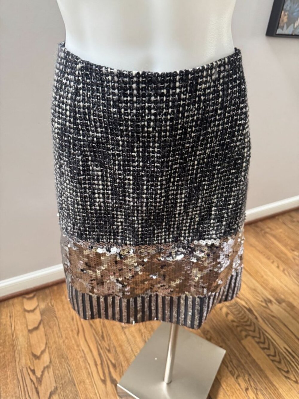 CHRISTIAN DIOR Vintage Sequin and Tweed Wool Mini Skirt Black Silver 38 / 6